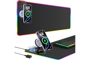 GIM RGB Gaming Mouse Pad Wireless Charging Desk Mat with Foldable Phone Stand, Large LED Gaming Mat 800x350x4mm, 15 Light Modes, Waterproof, Keyboard Pad for PC Computer, Includes 20W PD Power Adapter