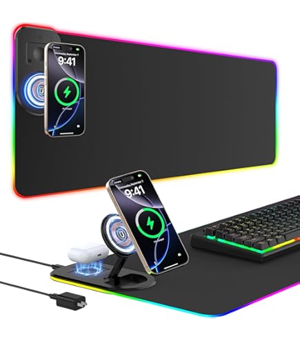 Desk Mat For Keyboard And Mouse RGB Wireless Charging Gaming Mouse Pad, 15W Fast Charging, 15 LED Light Modes, Extra Large 800x300mm, Non-Slip Rubber Base, Compatible With PC, MacBook, Laptop, Desk