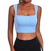 GymNatural Women's Longline Square Neck Sports Tank Top with Bulit in Bra Workout Sleeveless Crop Top