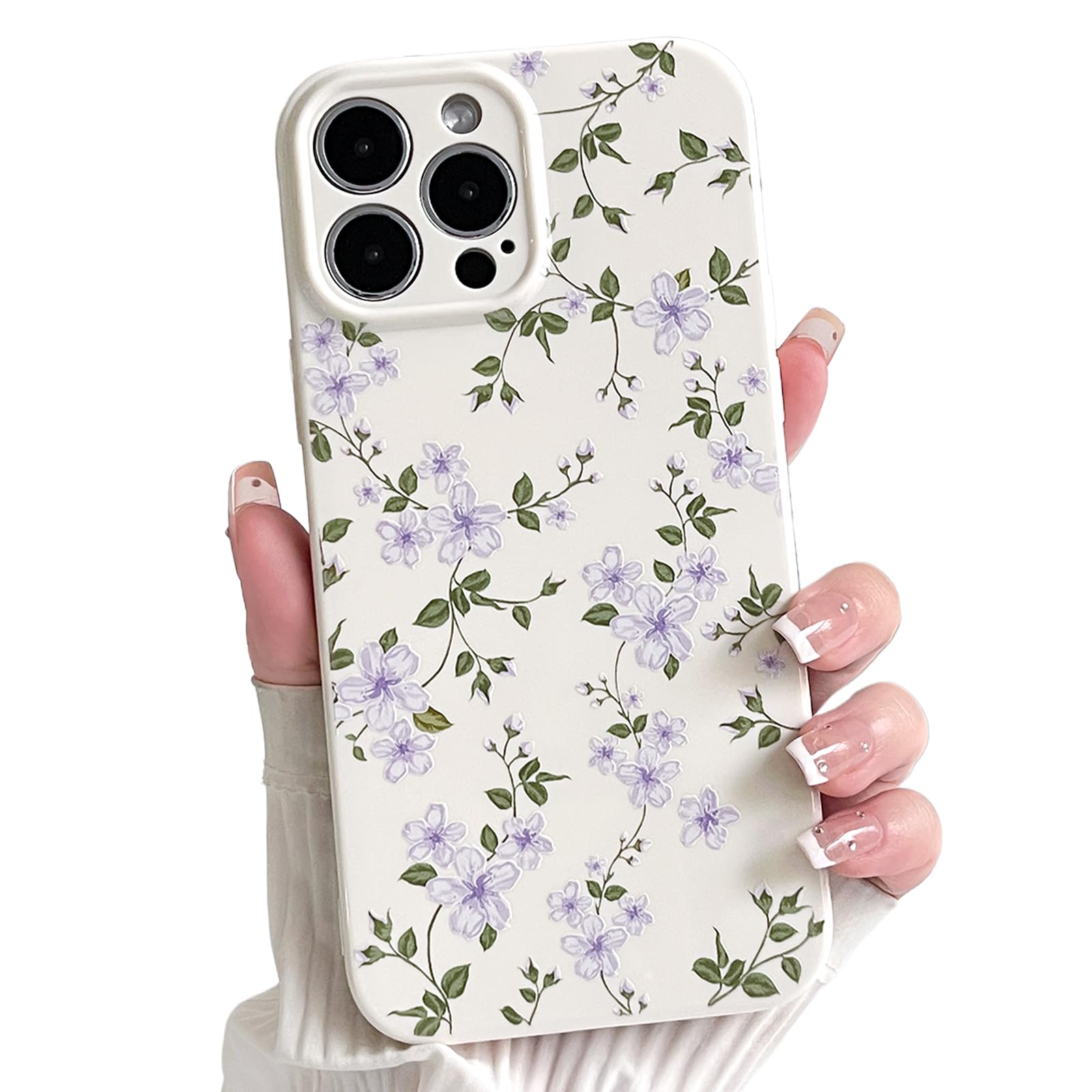 NITITOP Compatible with iPhone 15 Pro Case Cute Flowers Floral Plant Leaves Pattern for Women Girls Trendy Slim Fit Soft TPU Bumper Silicone Shockproof Full Camera Protective Cover - Purple