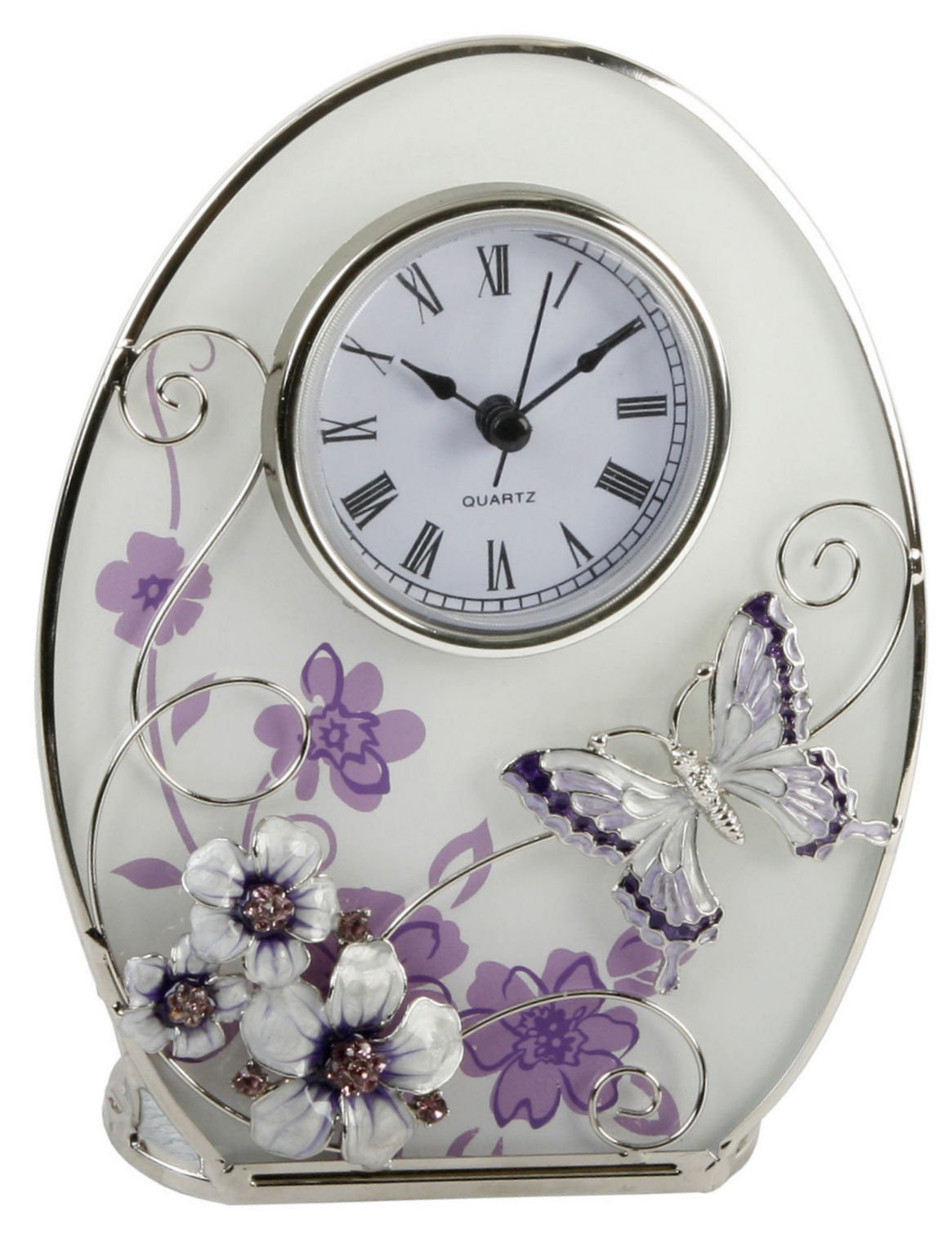 Purple Butterfly and Flower Glass Oval Mantel Clock