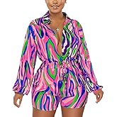 Glozeplus Women Sexy One Piece Deep V Neck Printed Shorts Jumpsuit Long Sleeve High Waist Elastic Romper Clubwear Outfits
