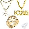 JinYu 3 Pack Mens Gold Plated Hip Hop Cz Inlay Dollar Sign Rings and Pendant Necklack and BOSS Sign Pendant Necklace with Box