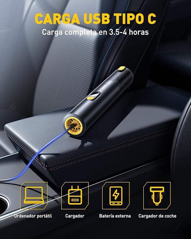 Aspirador de Mano - Aspirador Coche de 24000 Pa, Autonomía de 30 Minutos,4 en 1, Recargable, Portátil y Ligero, Mini Aspiradora Potente para Coche, Hogar, Oficina y Pelo de Mascotas(Prieto) — foto 7 de 8