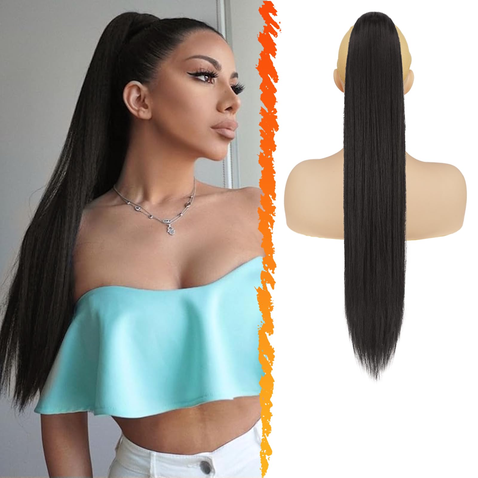 BARSDAR Long Straight Ponytail Extension, 26 Inch Drawstring Black Ponytail Hair Extensions Synthetic Fake Pony Tails Hairpieces Clip in Ponytails for Women Girls Daily - Natural Black
