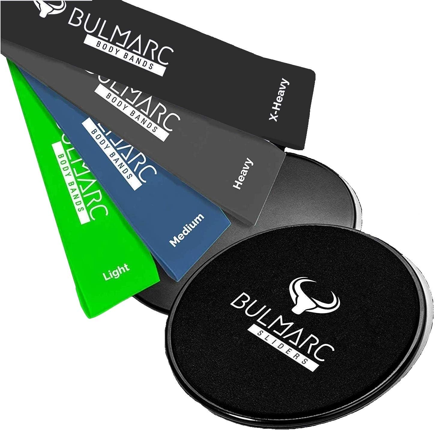 Resistance Bands and Core Sliding Discs with 70 + Exercise Guide ( PDF Download Ebook + Printed Manual by Miami & Brazil CrossFit Trainers) | + Carry Bag | for heavy medium and light Exercises| Gliding Discs by BULMARC™