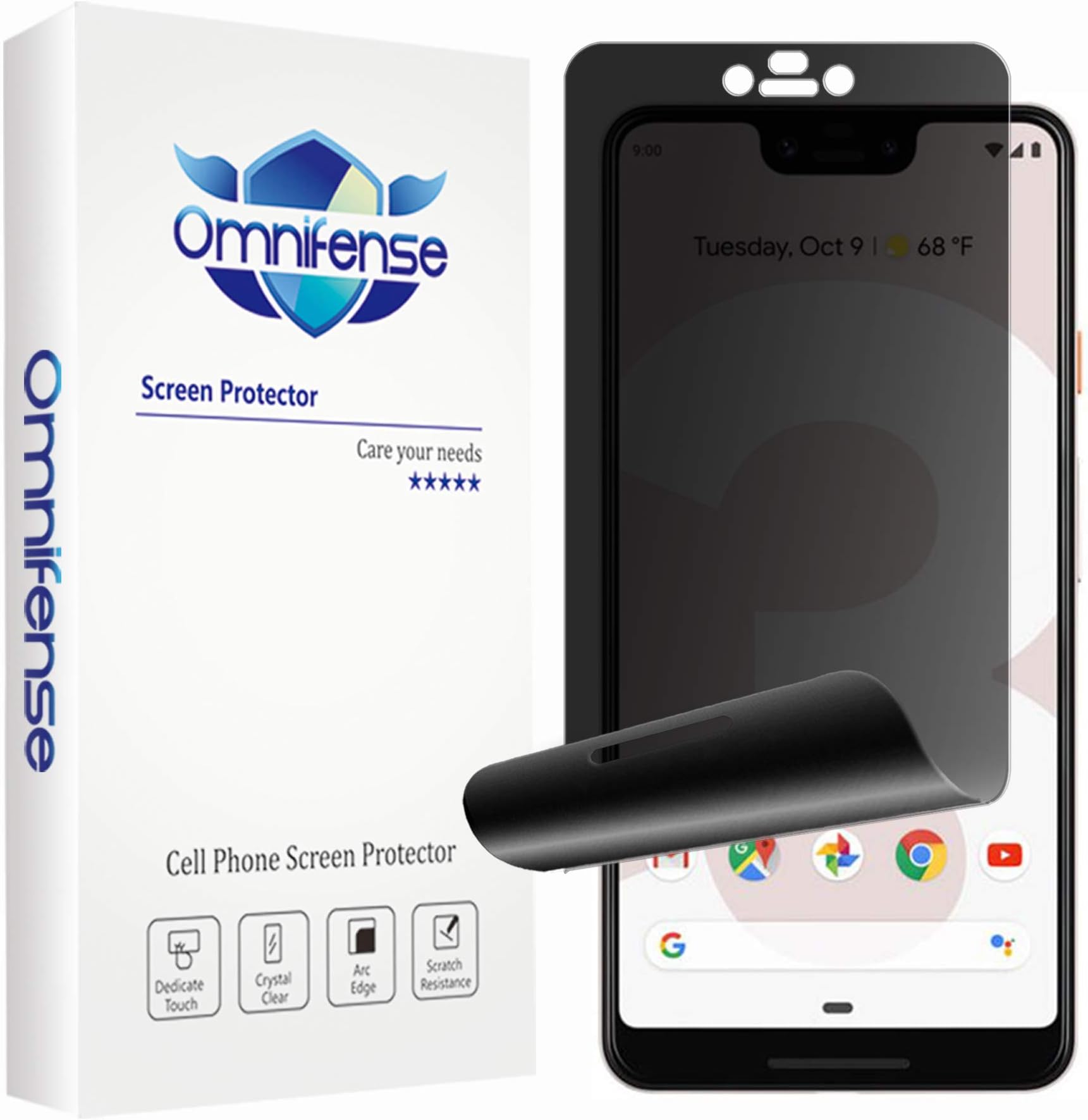 Google Pixel 3 XL Privacy Screen Protector, 2-Way Anti Spy (2 Pack) Full Coverage Full Adhesive Glue Nano Shield, Omnifense 3D Curve Fit Soft Film (NOT Tempered Glass) for Google Pixel 3XL