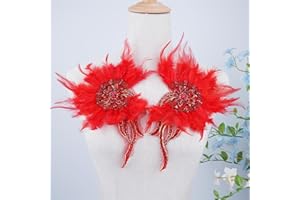 RACOSDM Handmade Beaded Rhinestone Appliques Sew on Crystal Flower Lace Patch Vivid Feather Patch, Multi-Color Pairs for DIY Clothing, Wedding Dress, and Home Decoration (Red)
