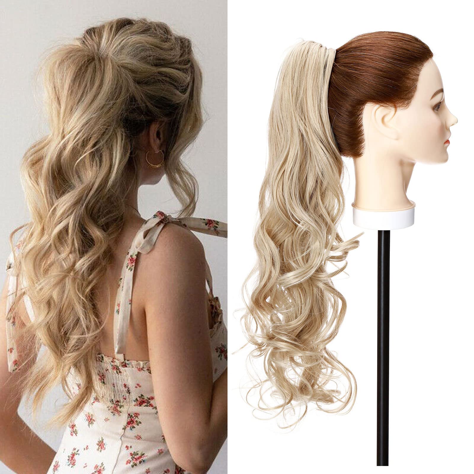 Fashion Ponytail Hair Extension Claw Curly Wavy Straight Clip in ponytail Hairpiece One Piece fake hair Ponytails for Women 24” Curly Dark blonde mix bleach blonde