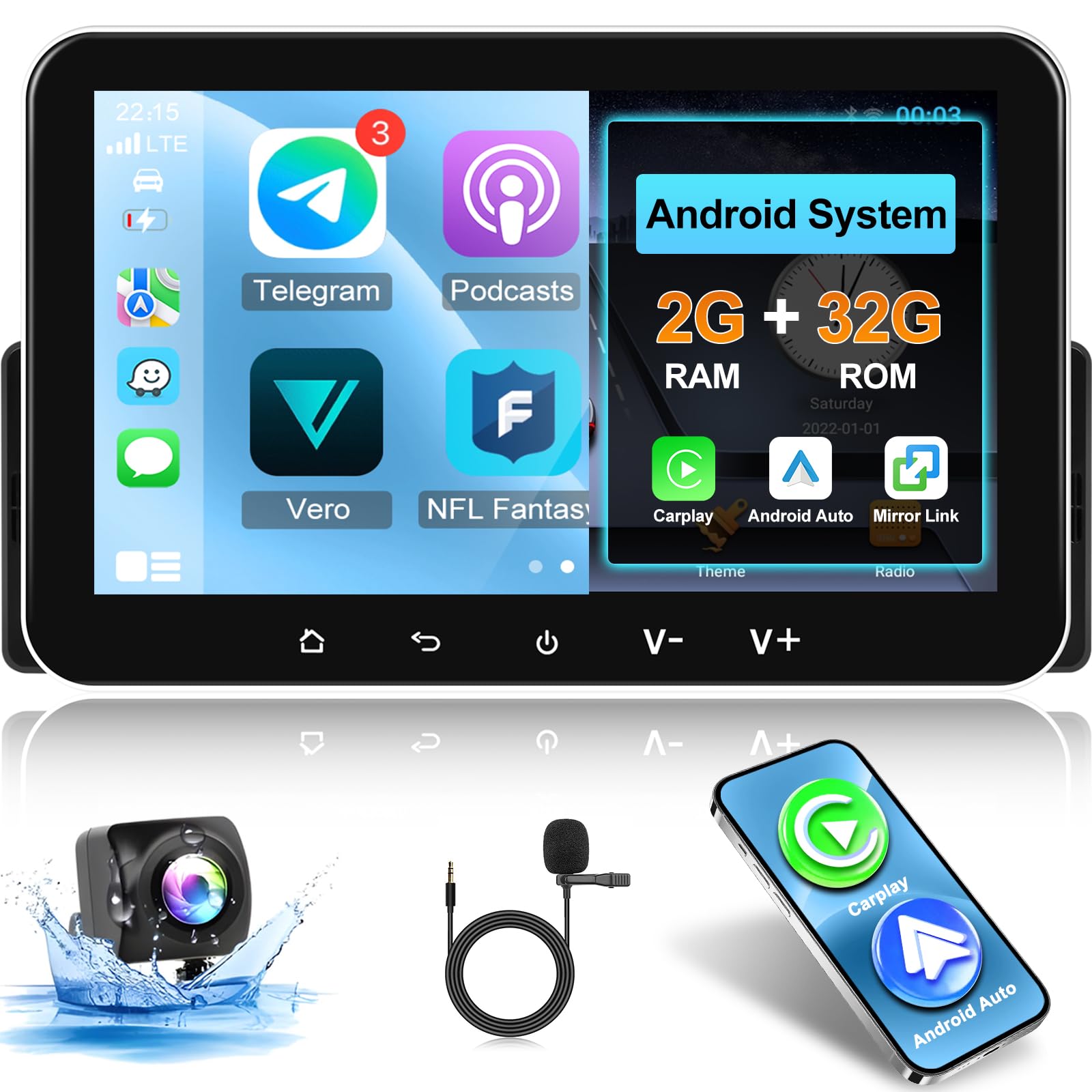 Photo 1 of [2+32G] Single Din Android Car Stereo 7 inch Touch Screen Radio with Wireless Carplay & Android Auto/Mirror Link/EQ Audio/FM Radio/Bluetooth/SWC/GPS Navigation + AHD Backup Camera