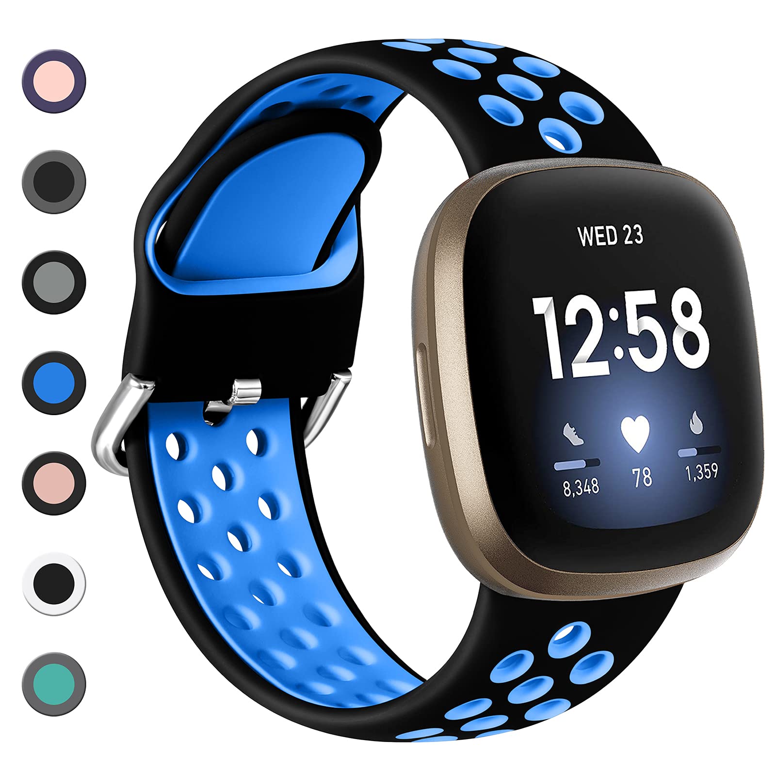 Dirrelo Strap Compatible with Fitbit Versa 3/4 & Sense 2, Soft Silicone Sport Breathable Replacement, S Black/Blue