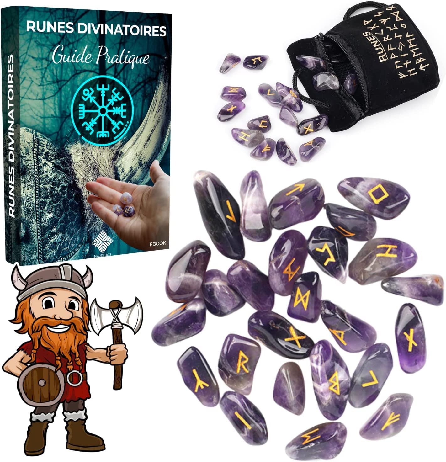 Majestic's Vikings Divinatory Runes – Pack of 25 Natural Amethyst Stones Engraved (2 cm x 1 cm) + Black Bag + Practical Ebook (PDF) – Futhark Runic Alphabet Perfect for Divination, Voyance
