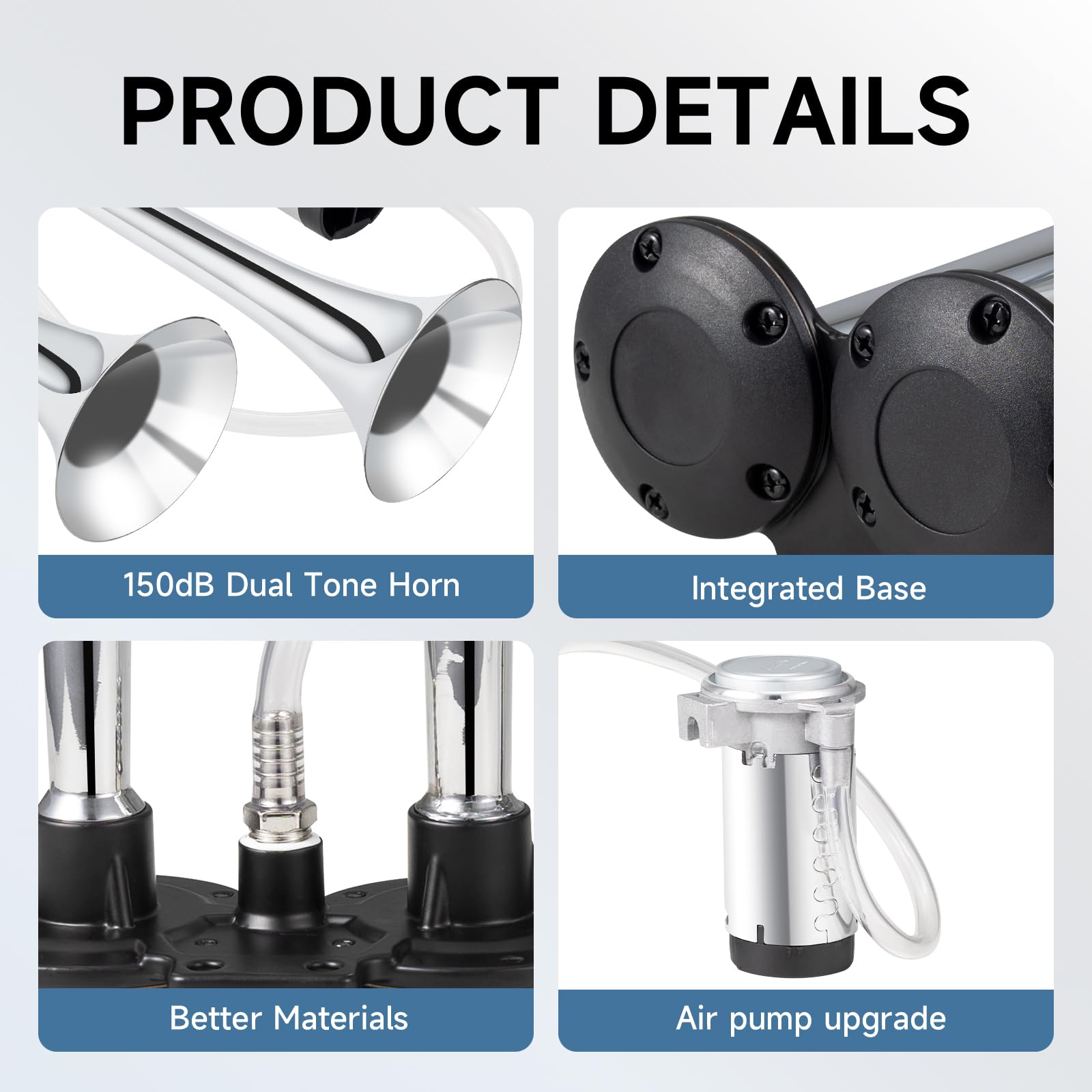 150DB Air Train Horn kit for Car, Banhao Super Loud Twin Tone Chrome Plated Zinc Dual Trumpet with Compressor for Any 12V Trucks Lorrys Trains Vans Boats (Chrome)