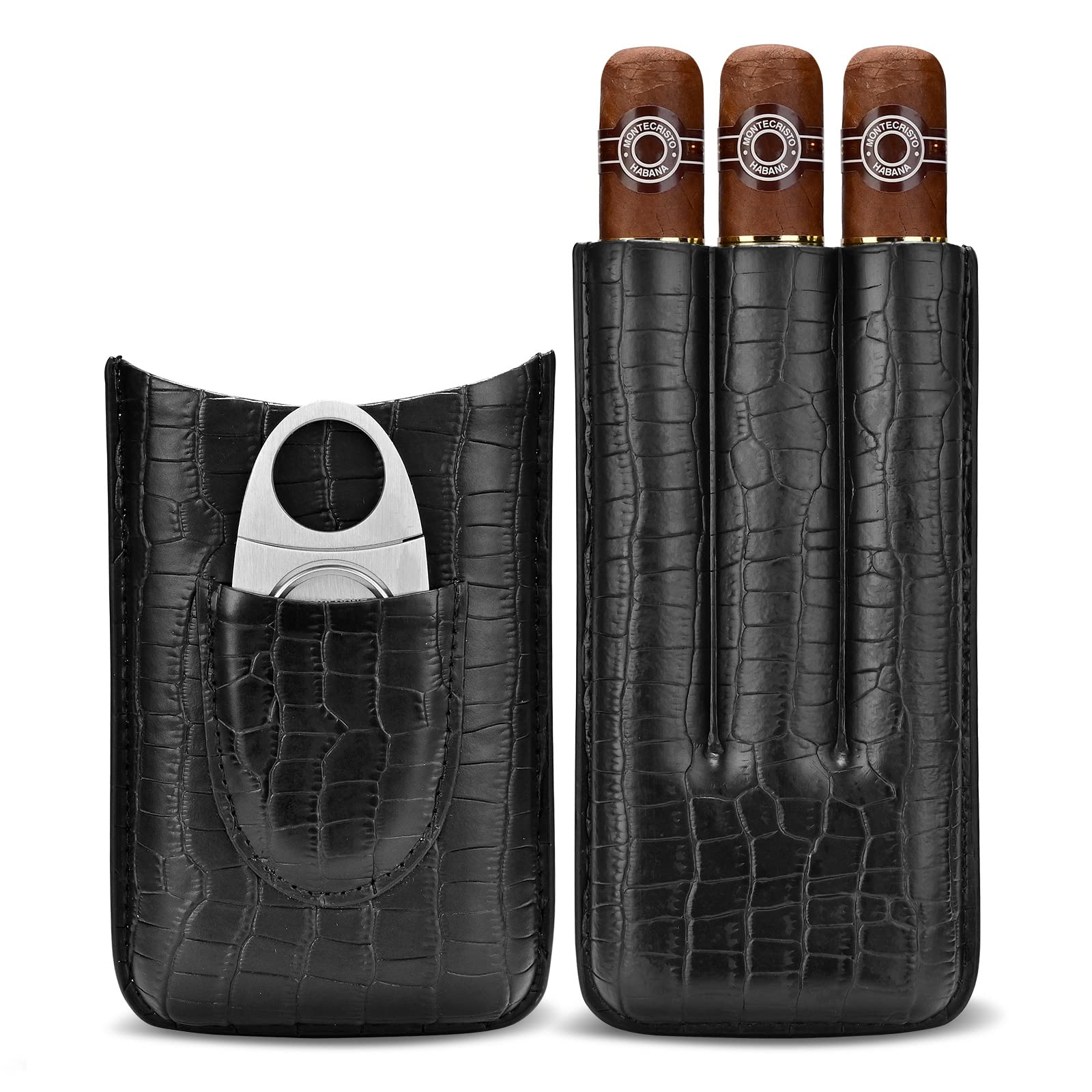 CIGARLOONG Cigar Case Leather Cigar Travel Case Hold 3 Tube with Cigar Cutter