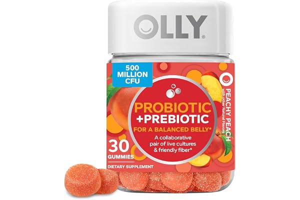 OLLY Probiotic + Prebiotic Gummy, Digestive Support and Gut Health, 500 Million CFUs, Fiber, Adult Chewable Supplement for Me