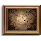 Gothic Moon Bat Gold Framed Canvas Wall Art 8x10 | Dark Academia Halloween Decor, Moon and Bat Art Print, Moody Night Forest Picture for Bedroom or Living Room