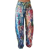 NRTHYE Womens Summer Colorful Graffiti Baggy Jeans Casual High Waist Wide Leg Streetwear Denim Cargo Print Pant Trousers