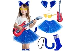 PIKPOPS 6 Pcs Girls Blue Cat Costume Accessories Set- Include Fluffy Cat Ears Headband & Tails with Cartoon Character Role Play Supplies, Halloween Kitty Cat Cosplay Kits Read Book Day Dress Up ( Blue )