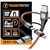 ToughTested 4FT 3-in-1 Fast Charging Cable, USB A Lightning USB-C, 3A | Armor Flex braided cable with Micro USB, Lightning, and USB-C connectors for wide device compatibility
