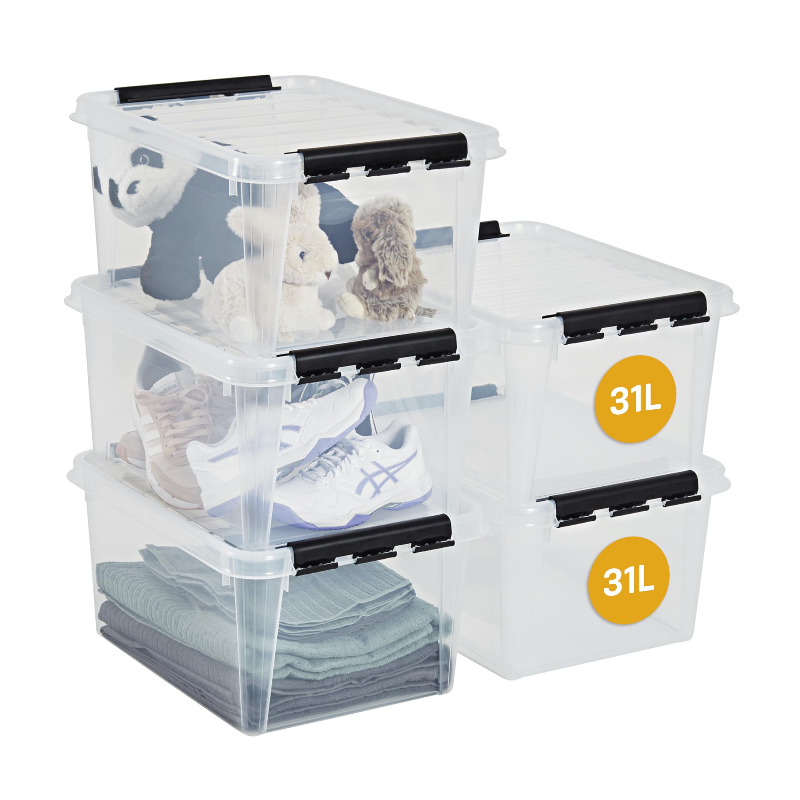 SmartStore 31L Clear Plastic Storage Boxes, 5 Pack, Reinforced, 10 Year Guarantee, Food Safe, Clip Locked, Stackable and Nestable, BPA Free L50 x W39 x H26 cm