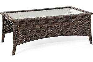 HILLGA Luxury Outdoor Coffee Table with Tempered Glass Top, Brown Wicker Patio Table, Ideal for Garden, Deck, and Yard