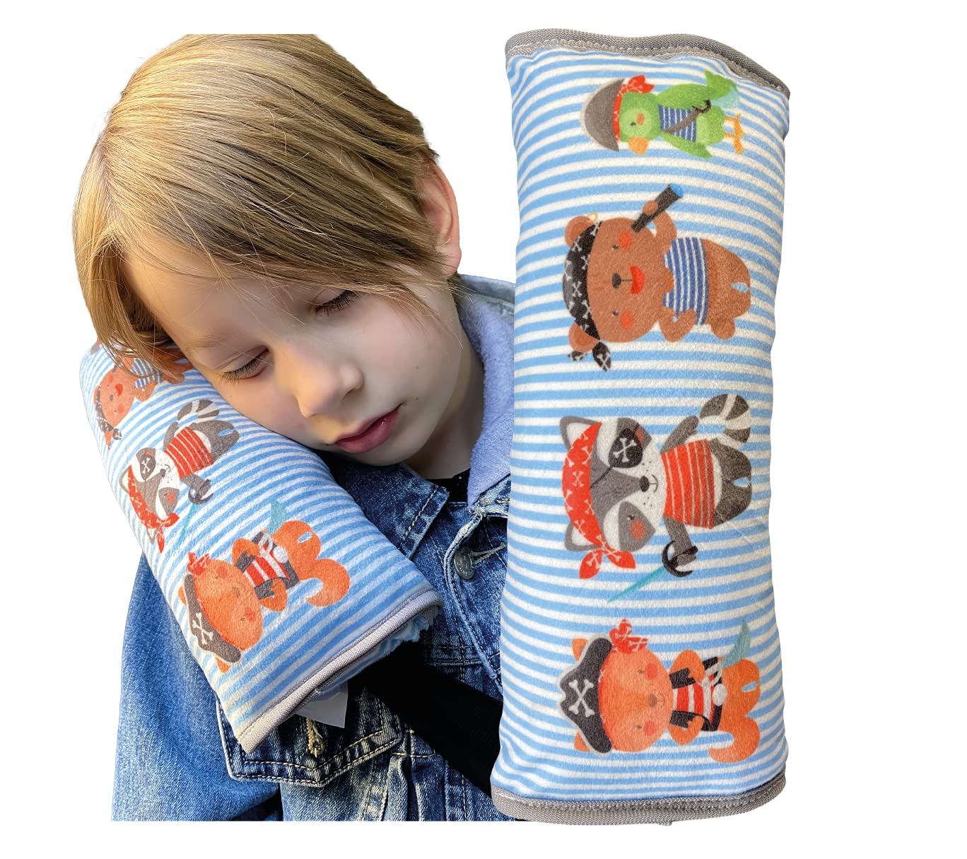 HECKBO car sleeping cushion for children girls boys - pirate animals - machine washable - cuddly soft - car seatbelt cushion, seatbelt protector, seatbelt booster
