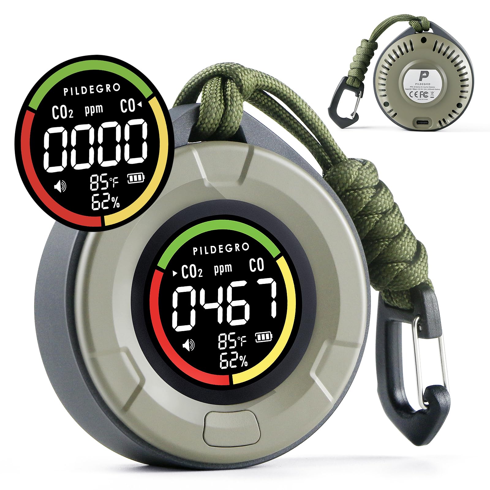 Photo 1 of Pildegro 4-in-1 Portable Carbon Monoxide and Carbon Dioxide Detector, Upgraded Rechargeable Travel CO & CO2 Monitor 3-Day Standby, Premium Real-Time CO & CO2 Alarm for Air Safety & Quality (Grey)