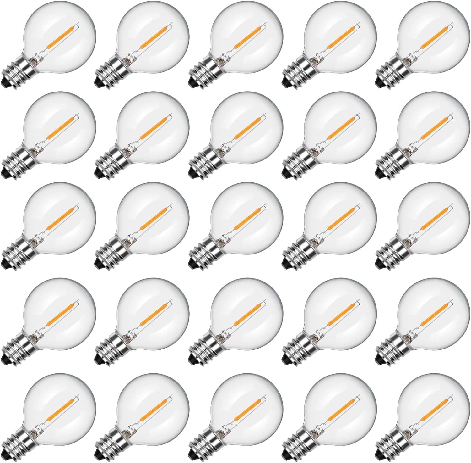 SUNSGNE 25 Pack G40 LED Light Bulbs, E12 Candelabra Base Bulb, 0.6W LED Bulbs Equivalent 7W Edison Bulbs, Shatterproof Globe Replacement Bulb for Outdoor String Lights, 2700K Warm White Dimmable