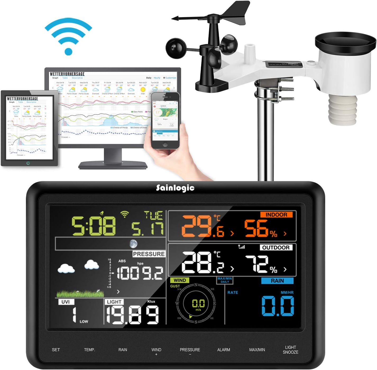 sainlogic WS3500 Professional WLAN Station with Solar Powered Outdoor Sensor, Rain Collector