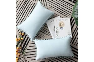 DEZENE Throw Pillow Cases 12x20 Light-Blue: 2 Pack Cozy Soft Pom-poms Velvet Rectangular Decorative Pillow Covers for Farmhouse Home Decor