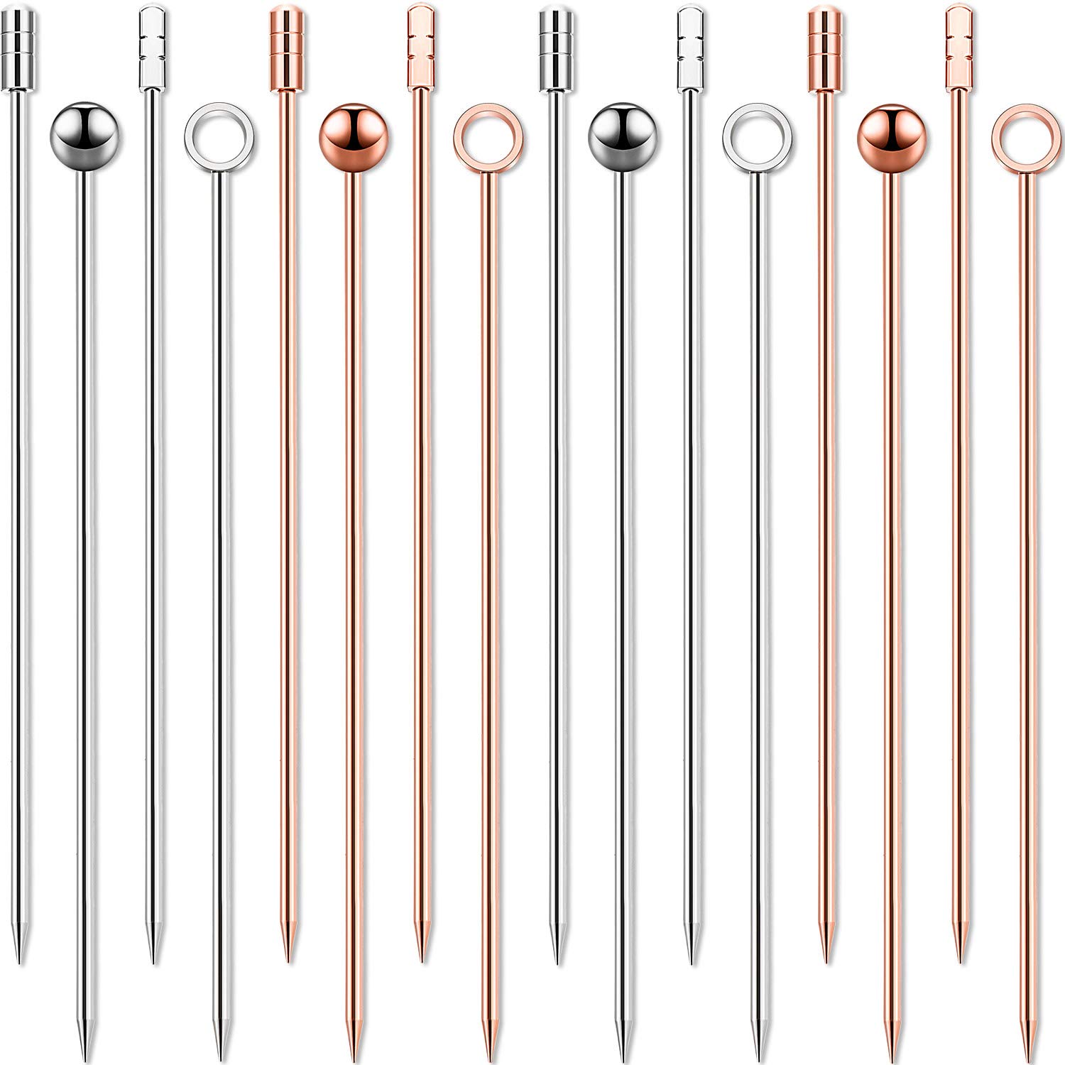 16 Pieces Metal Cocktail Picks for Drinks Martini Picks Cocktail Skewers 4 Inches Reusable Stainless Steel Bloody Mary Garnish Sticks (Silver,Rose Gold)