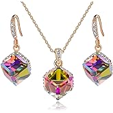 EVEVIC Colorful Cubic Austrian Crystal Pendant Necklace Earrings for Women 14K Gold Plated Hypoallergenic Jewelry Set