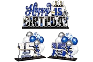 LINGTEER Happy 15th Birthday Blue Acrylic Table Topper Centerpieces Set - Cheers to Fifteen Years Old Birthday 15th Bday Party Gift Decorations.