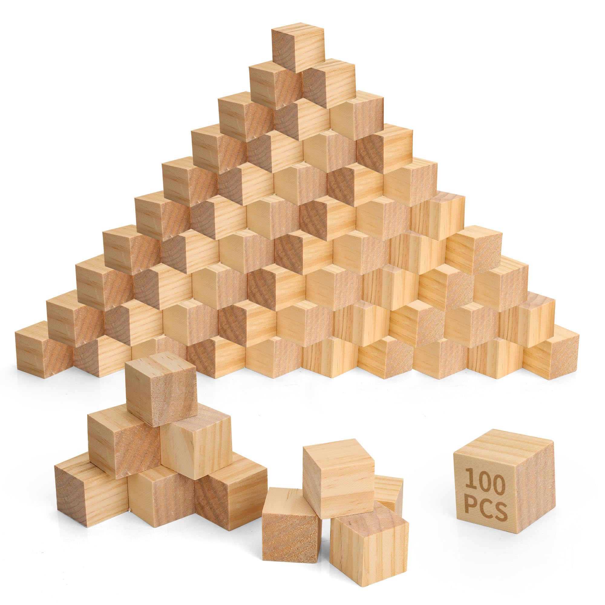 YKUKIZEE 100 PCS Square Wooden Cubes 3x3x3 CM, Unfinished Pine Wood Blocks Small, Natural Smooth Wooden Blocks for Crafts DIY Projects Carving Puzzles Numbers