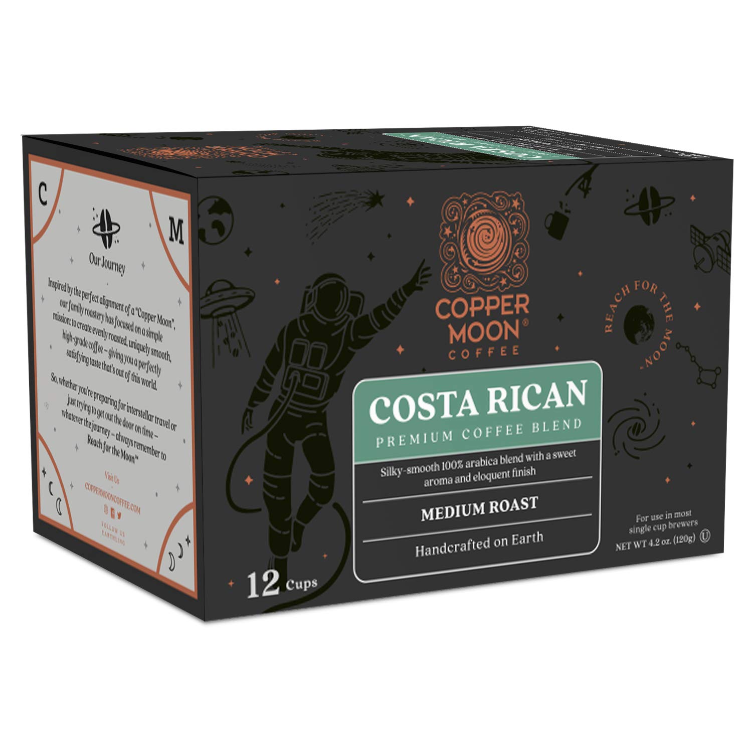 Copper Moon Single Cups for Keurig K-Cup Brewers, Costa Rican, 12 Count, Medium Roast Coffee, with A Bright but Smooth, Balanced Body, and Sweet Aroma, Single-Serve Coffee Pods