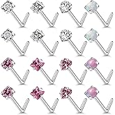 Ovxznts Pink Nose Ring Studs - Surgical Steel Nose Piercings 20G, 18G L-Shaped - Cubic Zirconia - 16 Pcs