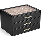 Vlando Jewelry Box for Women, Glass Lid Jewelry Organizer with 3 Drawers for Necklaces Rings Earrings Bracelets - Black