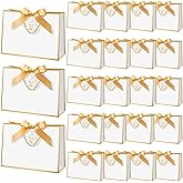 Locmeo 20 Sets Large Bow Ribbon Thank You Gift Bags Bulk with Handles 11 x 4 x 8 Inch Paper Gift Wrap Bags for Christmas Wedding Baby Shower Birthday Anniversary Holiday Party (Gold and White)