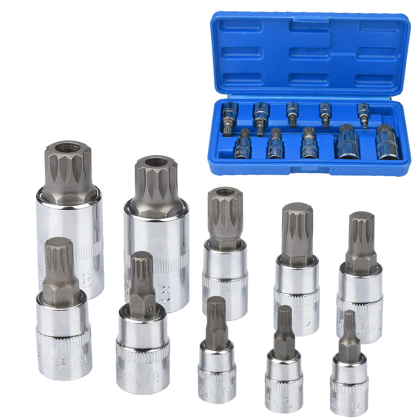 Nutmanel 10pcs Spline Socket Set XZN Triple Square Bit Socket Set Torx Wrench Set M4 / M5 / M6 / M8 / M9 / M10 / M12 / M14 / M16 / M18 for Home Maintenance DIY