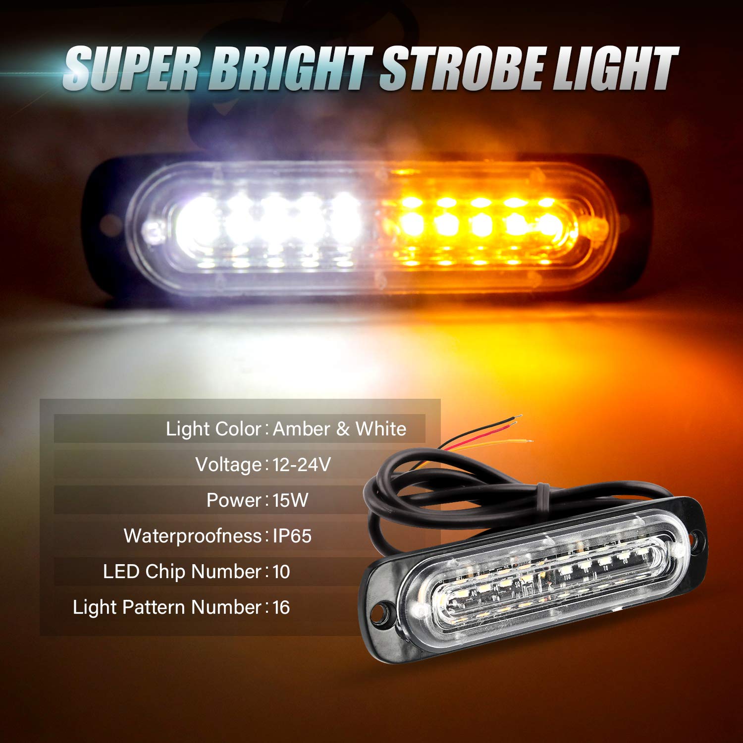 Amber/White 4pcs 10LED Super Bright Emergency Warning Light yoofer
