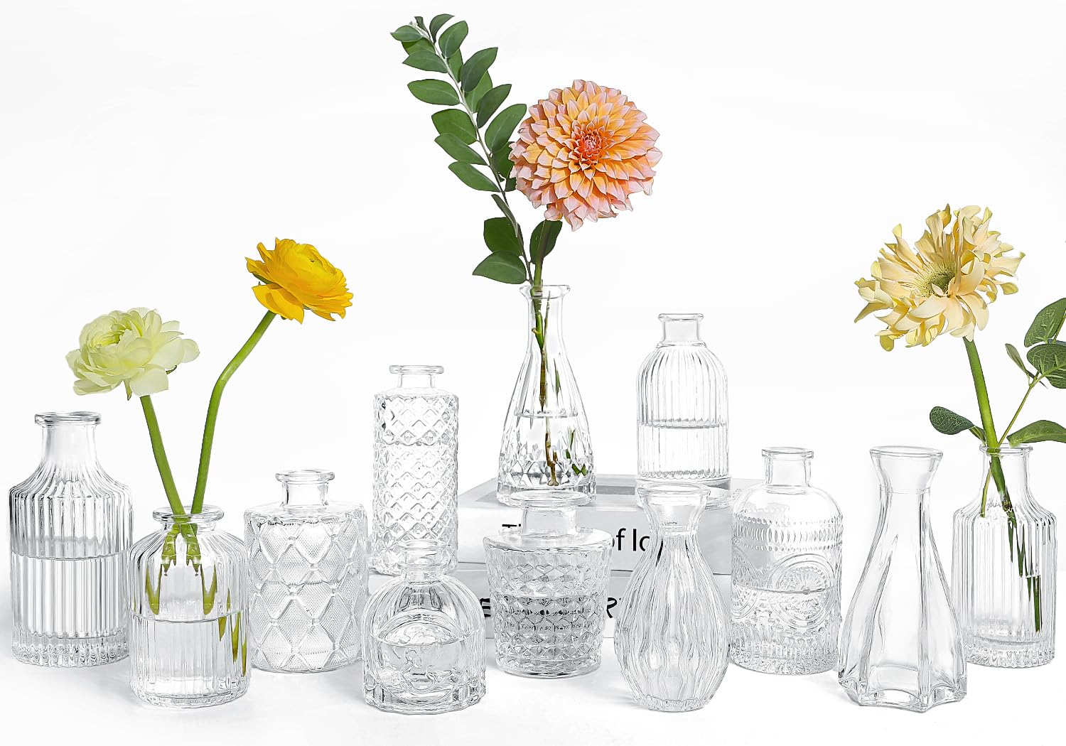 Photo 1 of UPBUD Clear Glass Bud Vases Set of 12, Mini Flower Vase for Centerpieces, Small Vases in Bulk for Wedding Decorations, Vintage Vase for Baby Shower, Party, Recepetion, Home Table Décor