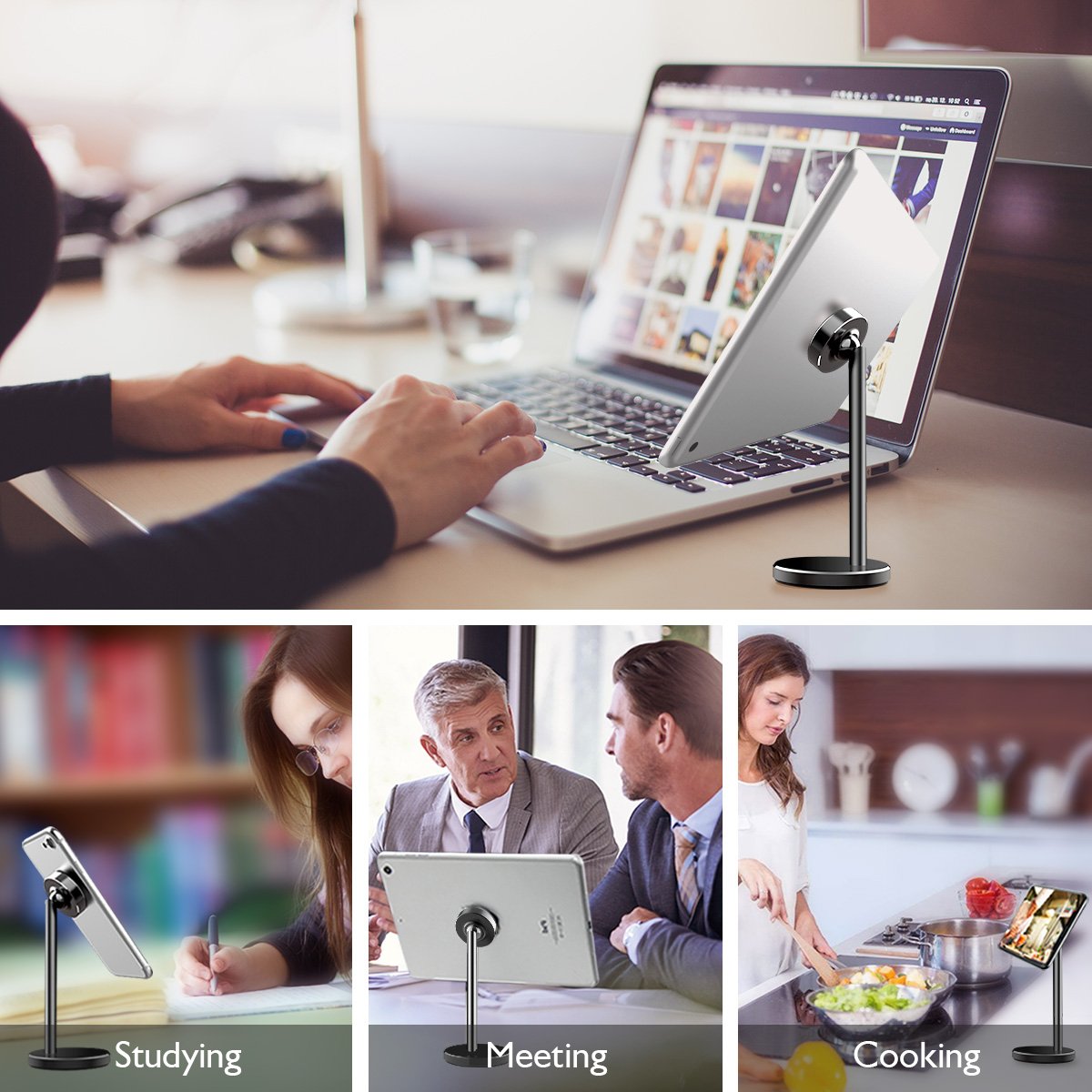 Licheers Magnetic Desktop Phone Stand, 360° Rotation Magnetic Tablet Mount Holder for Universal iPhone iPad, Samsung Galaxy Note, Face time Call and Watching Videos With Hands free (Black)…