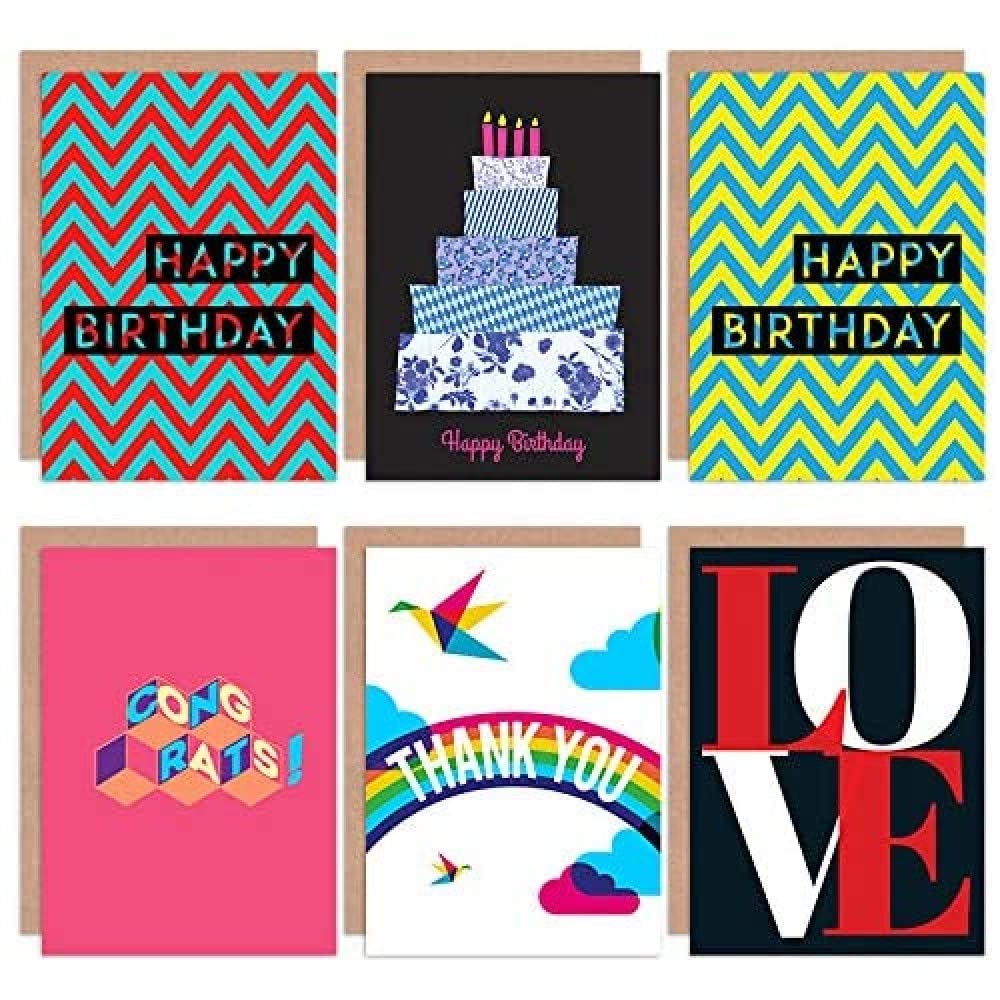 Wee Blue Coo Geometric Bright Bold Quirky Love All Occasions Various Assorted Blank Greeting Cards With Envelopes includes Birthday Congratulations Thank You Pack of 6