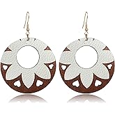 Handmade Bohemian Round Wooden flower Dangle Drop Earrings for Women Lightweight Vintage Natural Wood Flower Statement Geometry Earring Jewelry Gifts
