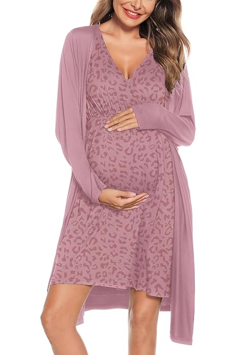 Maternity Pajamas For Hospital SWOMOG Nursing Gown Robe Set (3