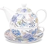 fanquare Blue and Purple Roses and Hydrangeas Porcelain Tea for One Set | Ceramic Teapot Set for Adults, Coffee Cup with Saucer for Daily Afternoon Tea