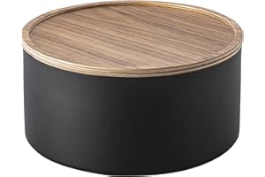 YAMAZAKI Home Rin Round Storage Case, Snacks, Toy, Or Craft Supplies Holder, Sewing Box Organizer, Wooden Lid Tray - Tall - Steel + Wood