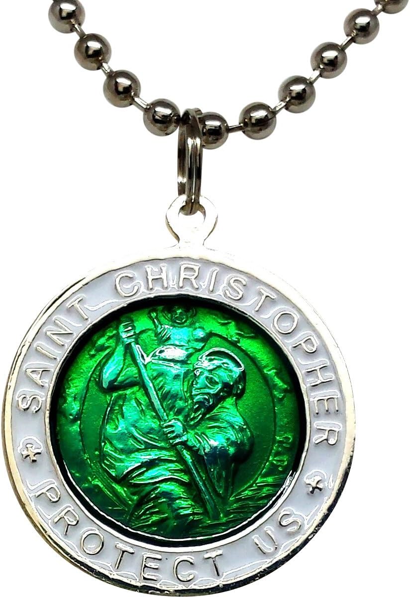St. Christopher Surf Necklace, Large Pendant, Green with White Rim, 23 Inch Ball Chain