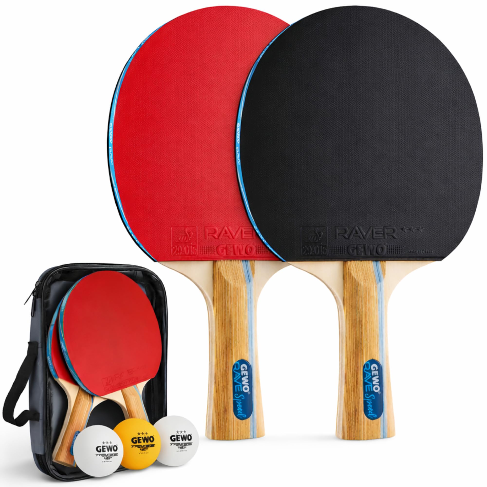 GEWO Rave Speed Table Tennis Bat Set - Controlled Beginner Table Tennis Bat with 3 Balls - Complete Bat with ITTF Coating, High Control and Speed, Concave, 2 mm Thick Sponge