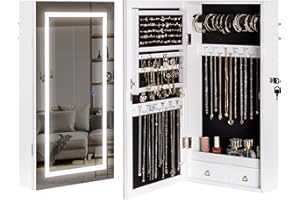 LAVIEVERT Jewelry Armoire with LED Lighted Mirror, Wall/Door Mounted Frameless Mirror with 3 Color Lights, Lockable Jewelry Cabinet Hanging Jewelry Organizer with 2 Drawers - White